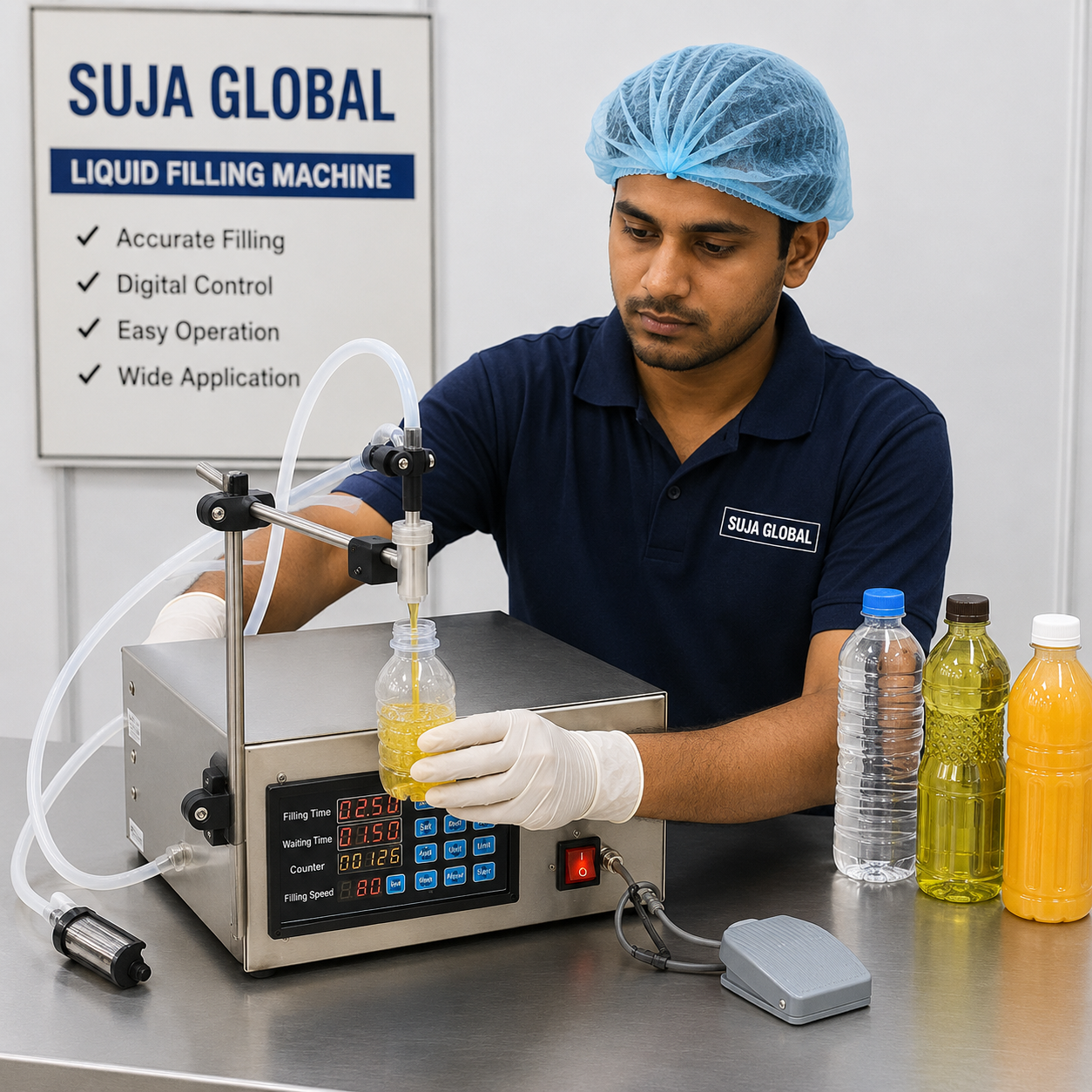 Digital Control Liquid Filling Machine SG-180 (2ml-1000ml) – Manual & Automatic Bottle Filler for Water, Juice, Milk, Oil, Perfume, Essential Oils, Beverages, Low Viscosity Liquids